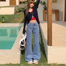 批发豹纹喇叭<b class='q'>牛仔裤</b>女新款低腰辣妹拖地不贴腿<b class='q'>微喇</b>裤子