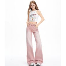 批发美式复古彩虹粉色<b class='q'>牛仔裤</b>女新款低腰辣妹拖地不贴腿<b class='q'>微喇</b>裤子