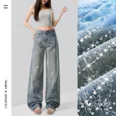批发026夏季新款＆星光闪闪高端定制<b class='q'>烫钻</b>提花阔腿牛仔拖地裤女