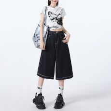 批发主推I美式不掉色深蓝七分牛仔裤<b class='q'>女</b>2026春夏新款高腰宽松阔腿马裤