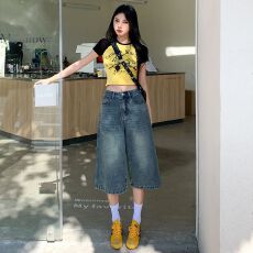 批发美式高街复古阔腿七分牛仔中裤<b class='q'>女</b>2026春夏新款高腰显瘦宽松直筒裤