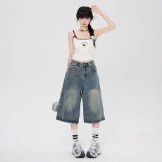 批发美式复古七分牛仔短裤<b class='q'>女</b>2026新款夏季小个子显瘦宽松直筒阔腿中裤