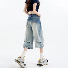 批发渐变色牛仔七分裤女夏季个性裤脚宽松阔腿高街小个子直筒中裤女