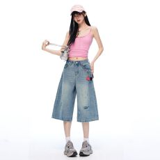 批发奶油蓝辣妹风高腰破洞薄款七分裤女2026夏季新款<b class='q'>休闲</b>宽松百搭中裤