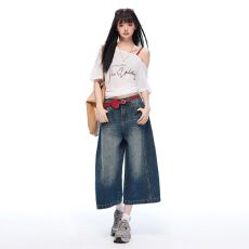 批发深蓝色水洗做旧分割设计感七分裤女2026夏季薄款<b class='q'>休闲</b>宽松百搭中裤