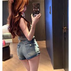 批发性感辣妹风高腰牛仔<b class='q'>短裤</b>女刺绣修身显瘦a字包臀百搭热裤