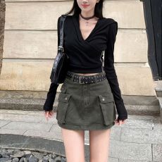 批发25026时髦双口袋工装牛仔短裙女2026年夏季高腰显瘦<b class='q'>百搭</b>半身裙
