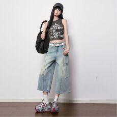 批发浅蓝色水洗做旧<b class='q'>工装</b>八分牛仔裤女2026夏季新款高腰宽松休闲阔腿裤