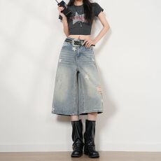 批发新款来袭~｜甜妹出街｜美式复古星星印花牛仔七分<b class='q'>短裤</b>女