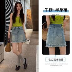 批发夏季浅蓝毛边牛仔短裙女高腰a字防走光小个子<b class='q'>复古</b>显瘦半身包臀裙