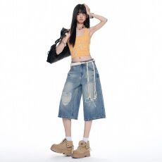 批发2026夏季新款美式<b class='q'>复古</b>休闲百搭蝴蝶结爱心刺绣宽松阔腿牛仔七分裤