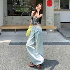 批发实拍2026美式<b class='q'>复古</b>水洗做旧猫须压皱宽松阔腿直筒垂感牛仔长裤女
