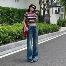 批发普吉岛 26年夏季新款 美式复古重工磨破低腰显瘦宽松喇叭牛仔裤女