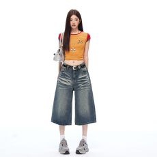 批发实拍2026新款复古蓝设计感水洗七分牛仔短裤女宽松显瘦直筒阔腿裤