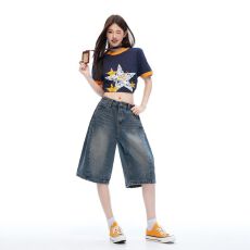 批发实拍2026新款复古蓝美式复古五分裤中裤短裤男女夏松弛感阔腿裤