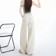 批发新款米杏色提臀高腰个性<b class='q'>宽松</b>阔腿弯刀牛仔<b class='q'>裤</b>女显瘦直筒拖地<b class='q'>裤</b>