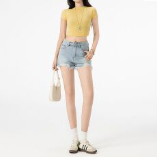 批发美式复古怀旧时尚毛边新款弹力修身显瘦百搭磨破洞<b class='q'>牛仔</b><b class='q'>短裤</b>女