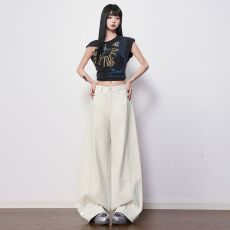 卡其色高腰弯刀休闲牛仔裤女2026年早秋新款宽松垂感拖地阔腿裤