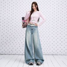 批发浅蓝色<b class='q'>亚麻</b>棉混纺无弹弯刀牛仔裤女2026年早秋新款宽松休闲拖地裤
