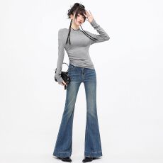 批发美式复古修身弹力高端微喇牛仔裤女春秋季蓝色<b class='q'>高腰</b>显瘦喇叭长裤子