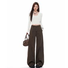 批发6605新款咖色美式复古辣妹分割<b class='q'>牛仔裤</b>女直筒显瘦宽松阔腿长裤