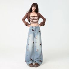 批发2026实拍早秋刺绣小狗阔腿牛仔裤女宽松显瘦百搭直筒设计感拖地裤