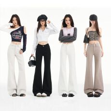 批发2026实拍新款牛仔喇叭裤女高腰黑色后腰皮牌长裤