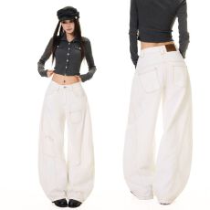 批发纯棉白色工装裤休闲阔腿<b class='q'>牛仔裤</b><b class='q'>女</b>廓形宽松贴袋松弛感<b class='q'>个性</b>时尚