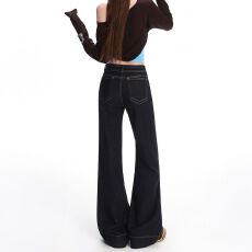 批发丹宁蓝防掉色美式低腰微喇<b class='q'>牛仔裤</b>女弹力显瘦百搭不贴腿喇叭裤