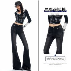 批发重工立体猫须弹力微喇叭牛仔裤女修身显瘦百搭设计感拖地裤