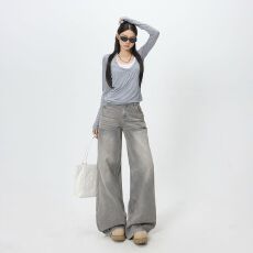 批发美式<b class='q'>复古</b>高腰宽松阔腿裤百搭秋冬垂感直筒牛仔裤女新款