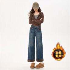 批发加绒翻边弹力<b class='q'>九分</b>直筒牛仔女厚绒拼接舒适宽松显瘦百搭保暖<b class='q'>牛仔裤</b>