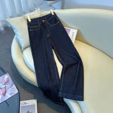 批发秋季藏蓝<b class='q'>弹力</b>直筒牛仔<b class='q'>裤</b>女新款九分高腰显瘦窄版阔腿<b class='q'>裤</b>