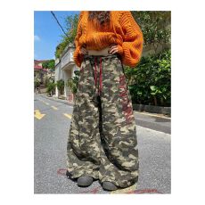 批发烫钻工艺美式复古抽绳烫钻阔腿迷彩<b class='q'>裤</b>男女宽松休闲直筒长<b class='q'>裤</b>潮
