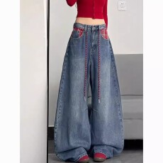 批发甜酷设计感<b class='q'>韩版</b>阔腿牛仔<b class='q'>裤</b>女秋季新款宽松高腰显瘦拖地牛仔长<b class='q'>裤</b>潮