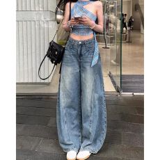 批发中性潮流<b class='q'>时尚</b>设计感阔腿牛仔裤女春秋季新款高腰宽松拖地牛仔裤潮