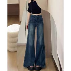 批发美式复古中性百搭微喇牛仔裤女春秋季新款<b class='q'>时尚</b>显瘦喇叭拖地阔腿潮