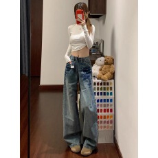 批发美式复古阔腿<b class='q'>牛仔裤</b>女2025秋冬新款<b class='q'>钉珠</b>高腰宽松显瘦直筒拖地裤子