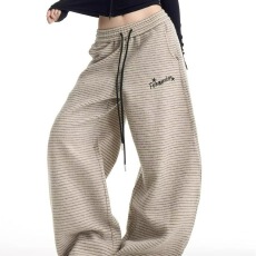 批发立体腰头-原板面料-条纹女宽松阔腿弯刀裤长裤慵懒松弛感休闲卫裤