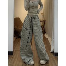 批发立体腰头-原板面料-条纹<b class='q'>休闲裤</b>宽松显瘦抽绳阔腿裤慵懒垂感拖地裤