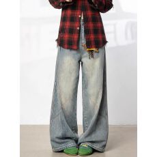 批发美式街头做旧竹节纹明线设计垂感春秋<b class='q'>牛仔裤</b>男女vibe直筒拖地裤