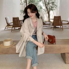 批发秋冬新款休闲百搭宽松型长袖单排扣风衣简约淑女小个子开衫外套女