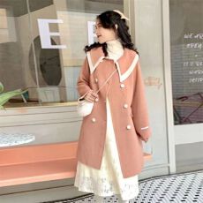 批发<b class='q'>双排扣</b>赫本风大衣女年秋冬新款英伦毛呢外套女中长款韩版宽松外套