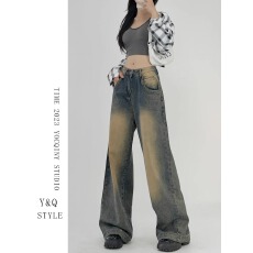 批发梨形身材垂感阔腿复古做旧阔腿<b class='q'>牛仔裤</b>女直筒显瘦垂感拖地长裤潮