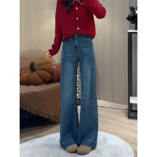 批发蓝色微喇<b class='q'>牛仔裤</b>女春季新款胖mm梨形身材高腰显瘦弹力不贴腿喇叭裤