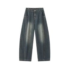 批发实拍秋季新款潮牌弯刀<b class='q'>牛仔裤</b>男女半松紧腰纽扣款美式高街阔腿裤