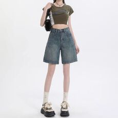 批发高腰<b class='q'>牛仔裤</b>女松紧腰五分裤夏季新款宽松百搭短裤显瘦中裤阔腿裤子
