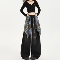 批发美式复古街舞格纹方巾廓形<b class='q'>牛仔裤</b>女2025秋冬季新款别致宽松阔腿裤