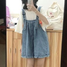 批发奶盐系小个子甜美小清新背带<b class='q'>牛仔裤</b>女减龄夏季新款高腰宽松潮流裤