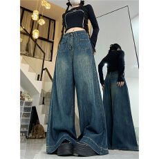批发<b class='q'>牛仔裤</b>女春秋高腰宽松直筒大码遮肉显瘦梨形身材拖地裤ins